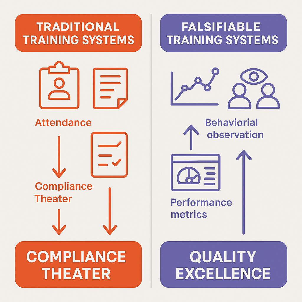 Traditional Training Systems (Left Side - Warning Colors):
Attendance Tracking: Focus on seat time rather than learning
Generic Assessments: One-size-fits-all testing approaches
Compliance Documentation: Paper trail without performance proof
Downward Arrow: Leading to "Training Theater" - appearance without substance
Falsifiable Training Systems (Right Side - Success Colors):
Predictive Models: Hypothesis-driven training design
Behavioral Measurement: Observable workplace performance changes
Performance Verification: Evidence-based outcome assessment
Upward Arrow: Leading to "Quality Excellence" - measurable results