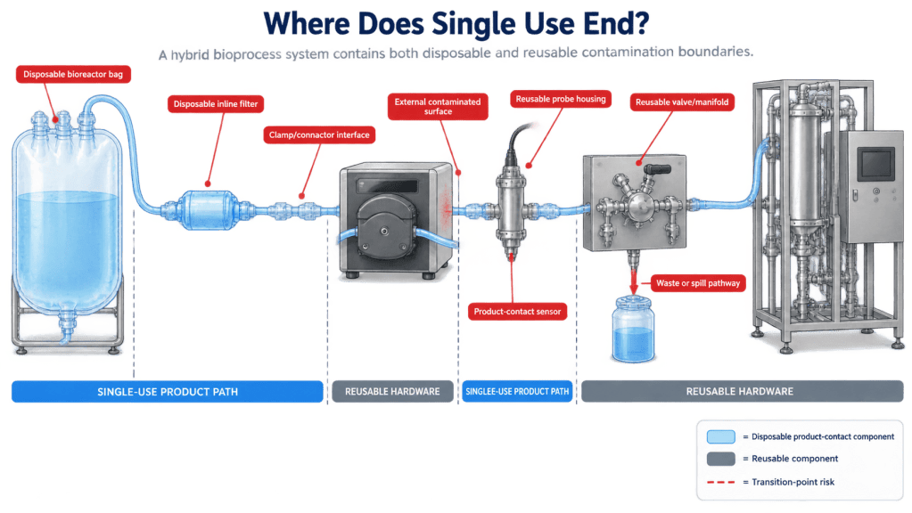 Hybrid bioprocess flow showing disposable bioreactor bags, tubing, filters, and connectors transitioning to reusable pump, sensor, transfer-panel, and chromatography hardware; red callouts mark contamination-control boundaries and spill pathways.