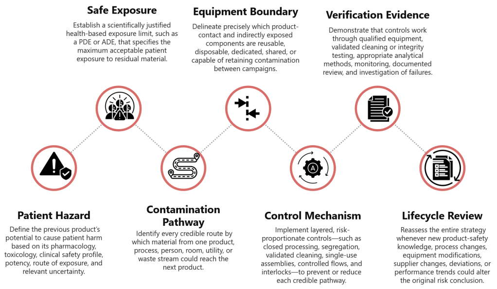 even-step contamination-control framework linking patient hazard to safe exposure, contamination pathways, equipment boundaries, control mechanisms, verification evidence, and lifecycle review for ongoing cross-contamination risk management.